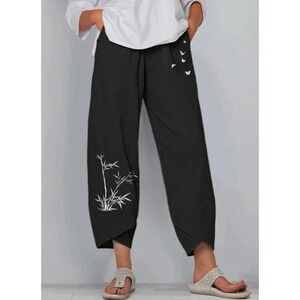 E-Retro Black Cotton Blend Asian Bamboo Butterfly Harem Pants Large